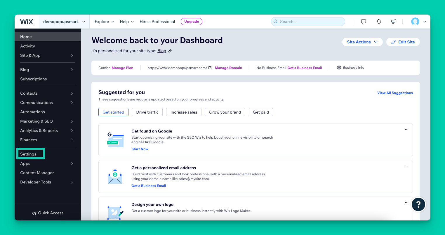 the Settings of Wix dashboard