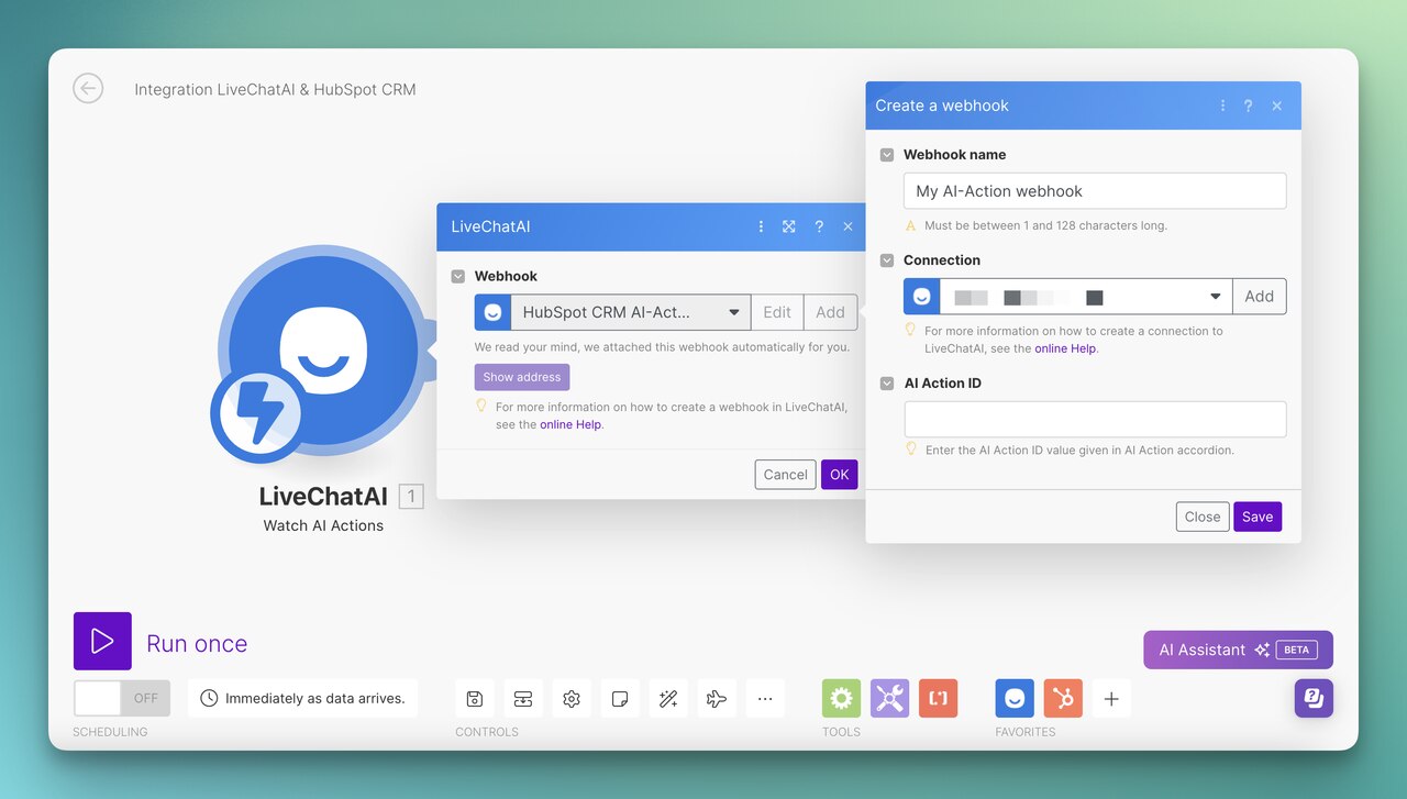 the first module of LiveChatAI on Make.com for HubSpot CRM scenario