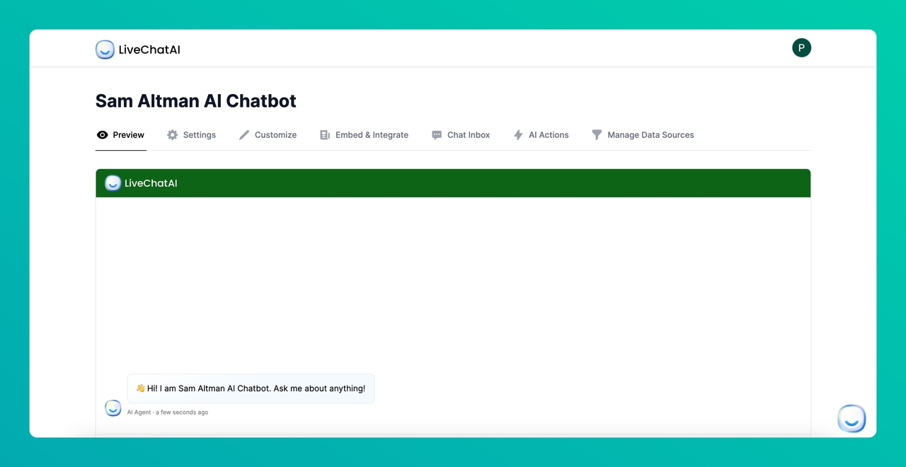the preview section of LiveChatAI dashboard