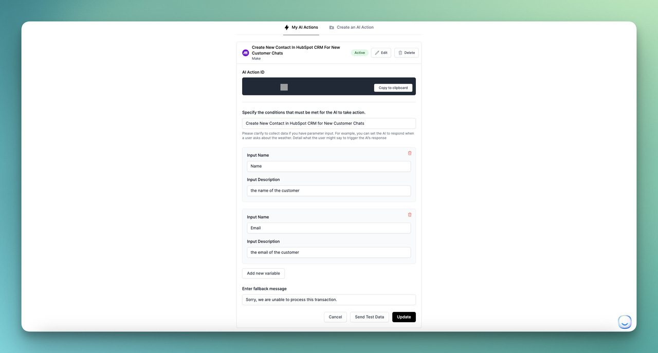 created AI action for HubSpot CRM and LiveChatAI