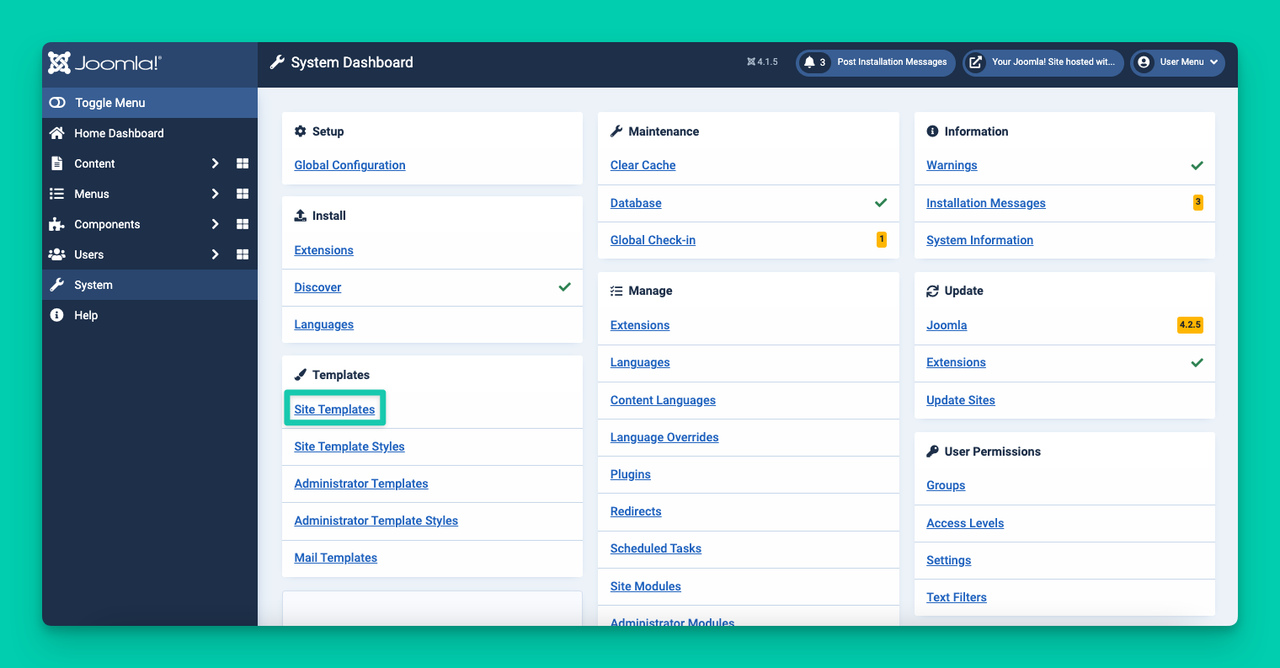 Site templates section on Joomla