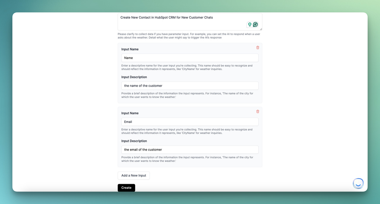 inputs for details of an AI action of HubSpot CRM and LiveChatAI