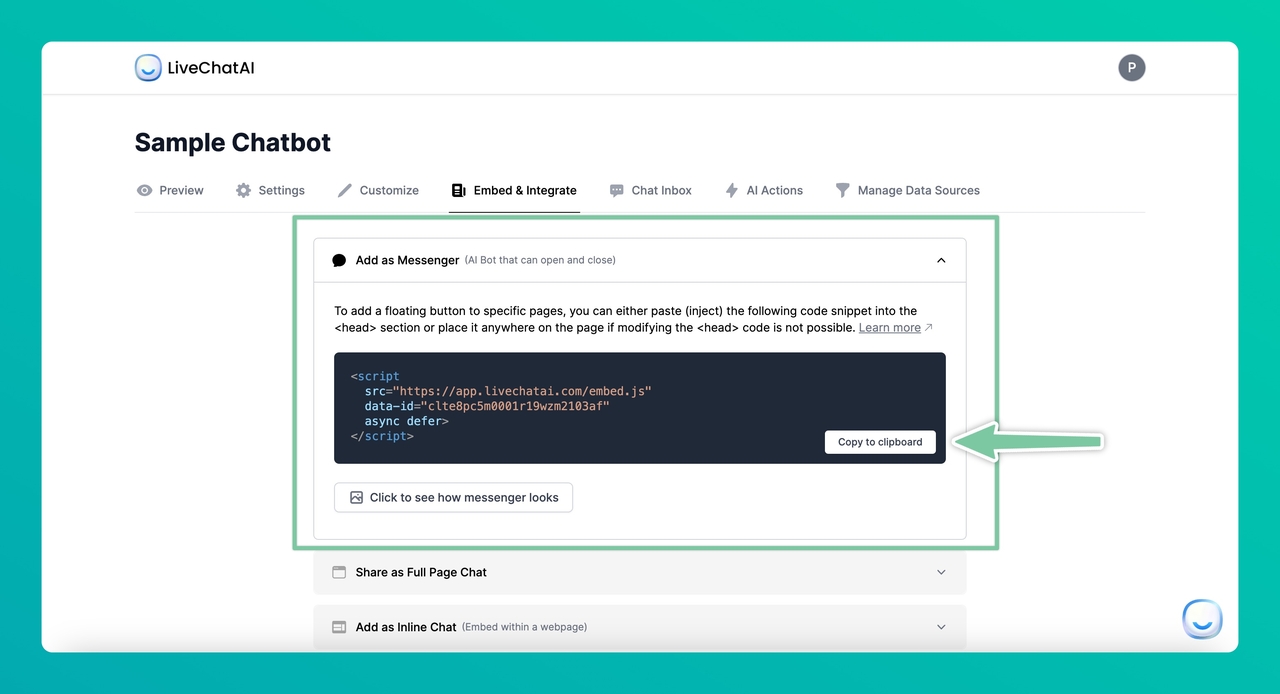 the messenger option on the LiveChatAI dashboard