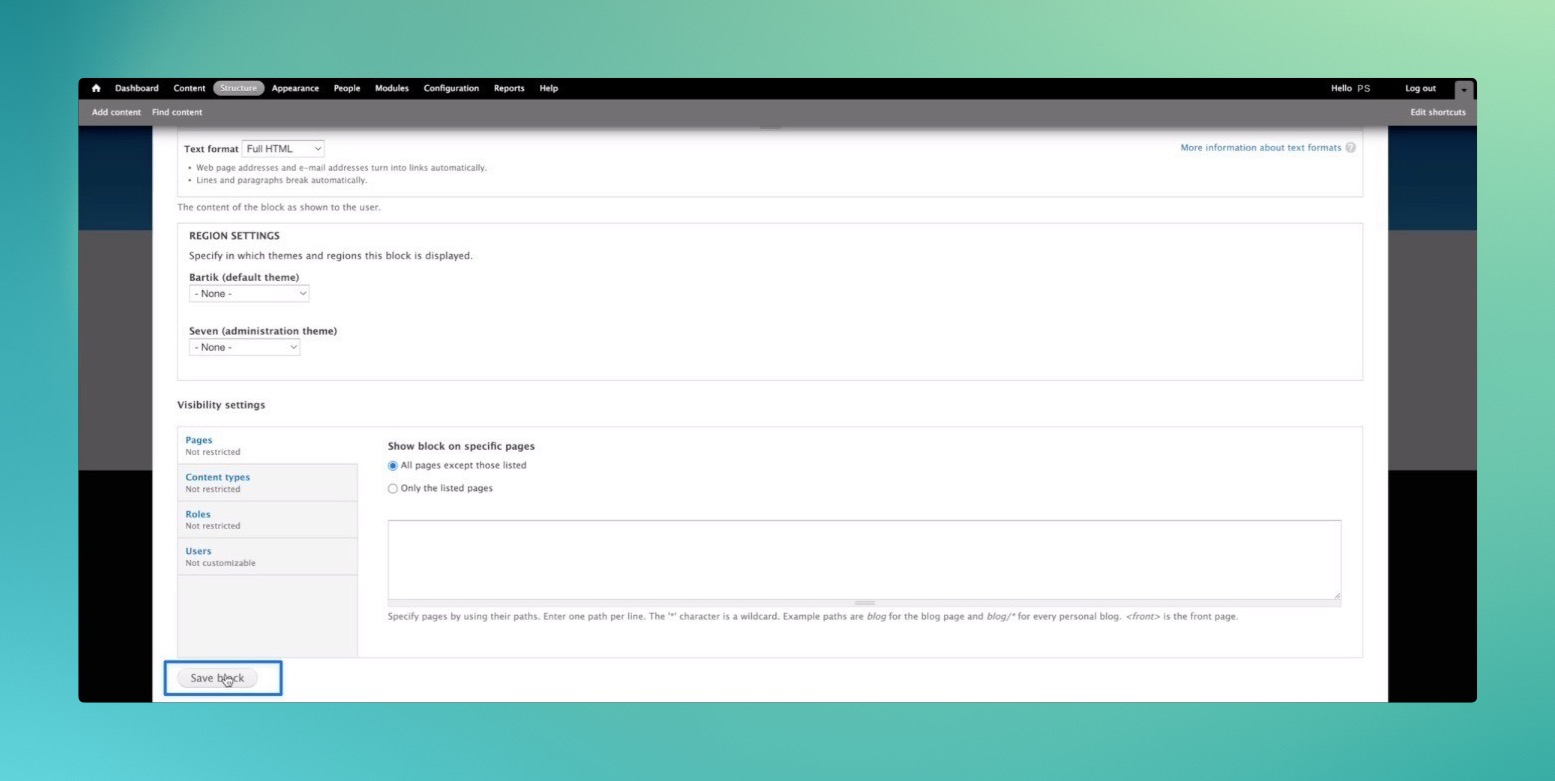 Save block button on Drupal