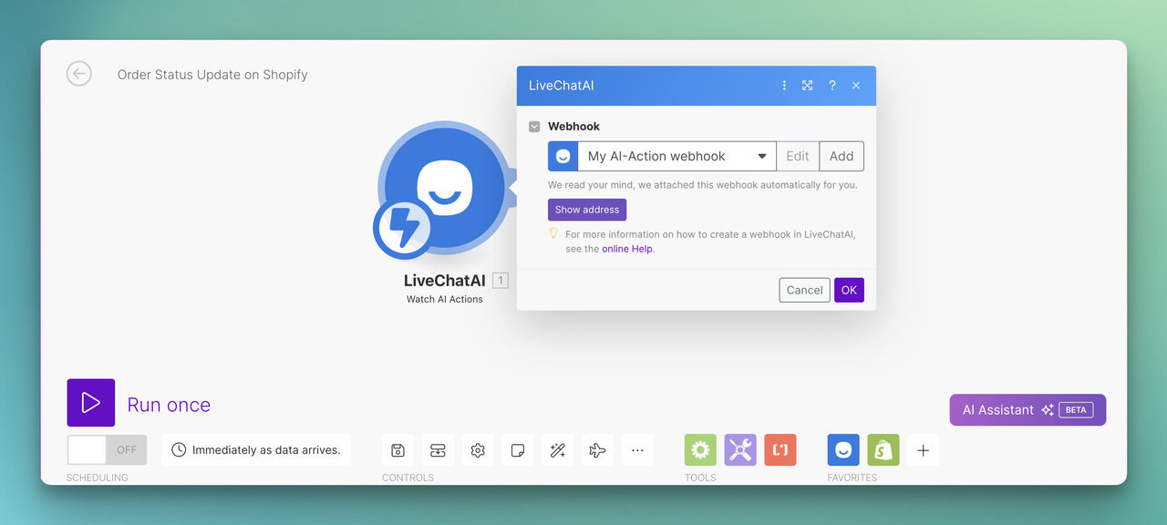 the first module of LiveChatAI for order status update on Make.com