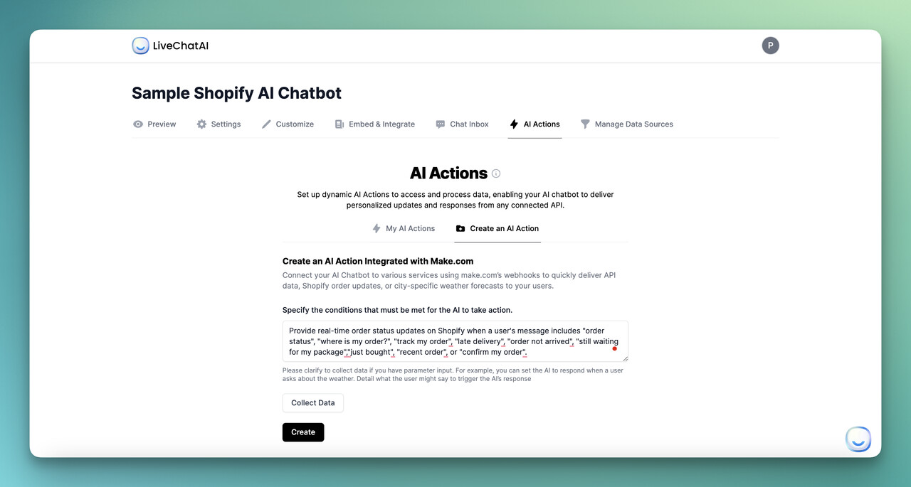 writing conditions for LiveChatAI AI actions