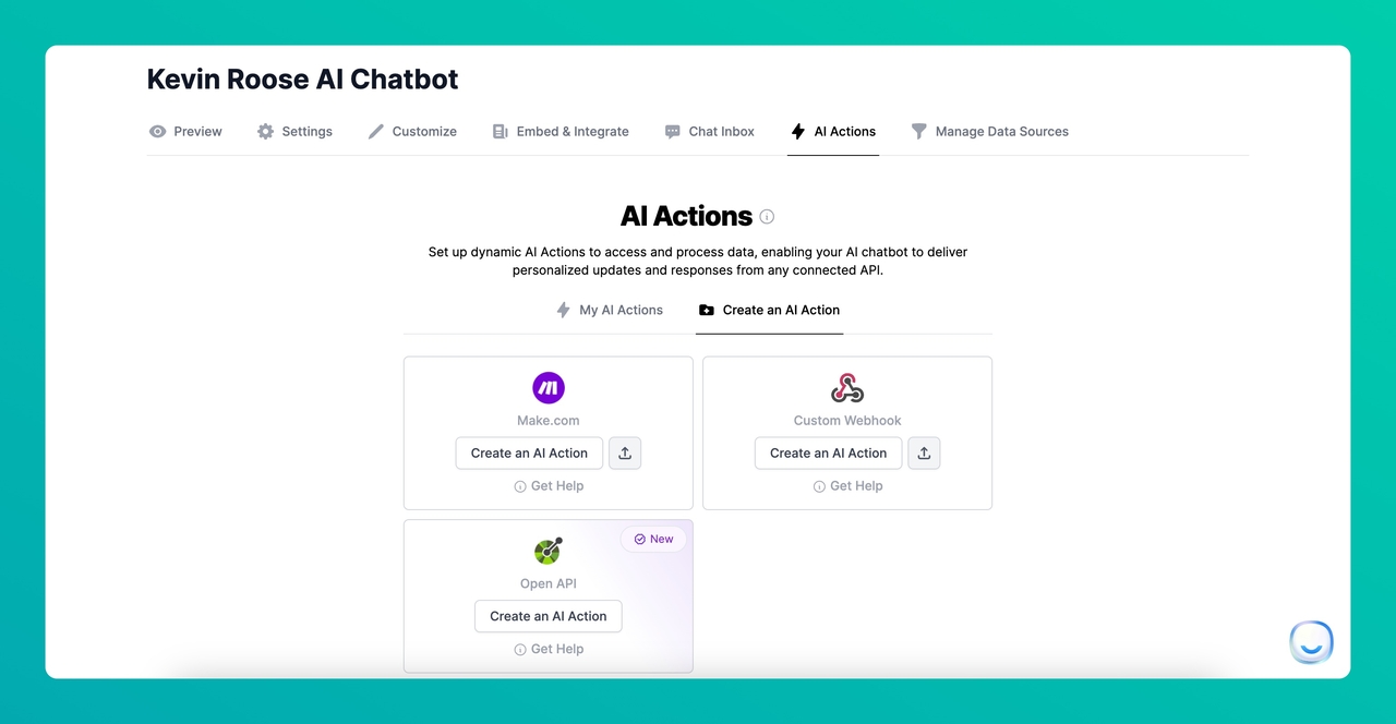 AI Actions section on the LiveChatAI dashboard
