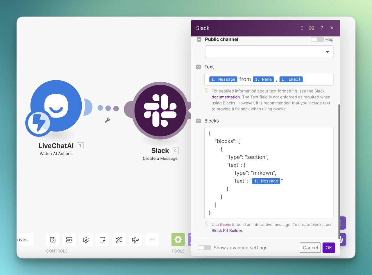 the Slack module for creating a message