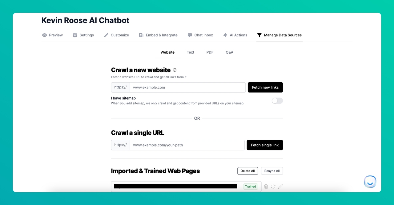 Manage Data Sources section on the LiveChatAI dashboard