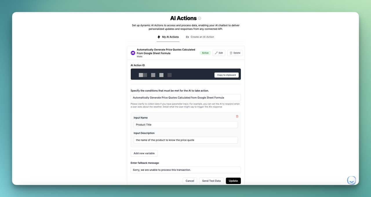 created AI action for price quotes from Google Sheets