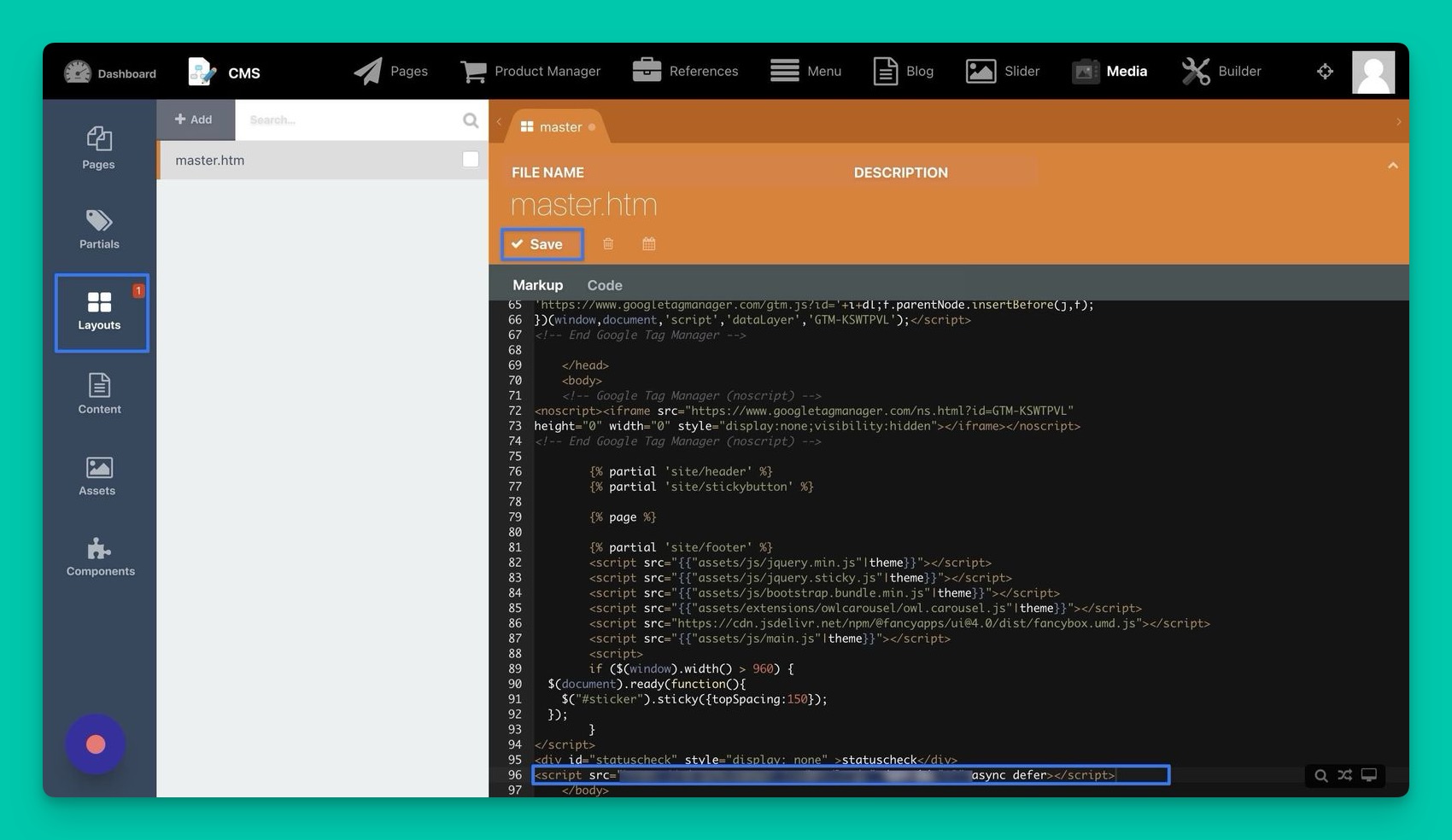 the body section in Layouts section of October CMS website dashboard