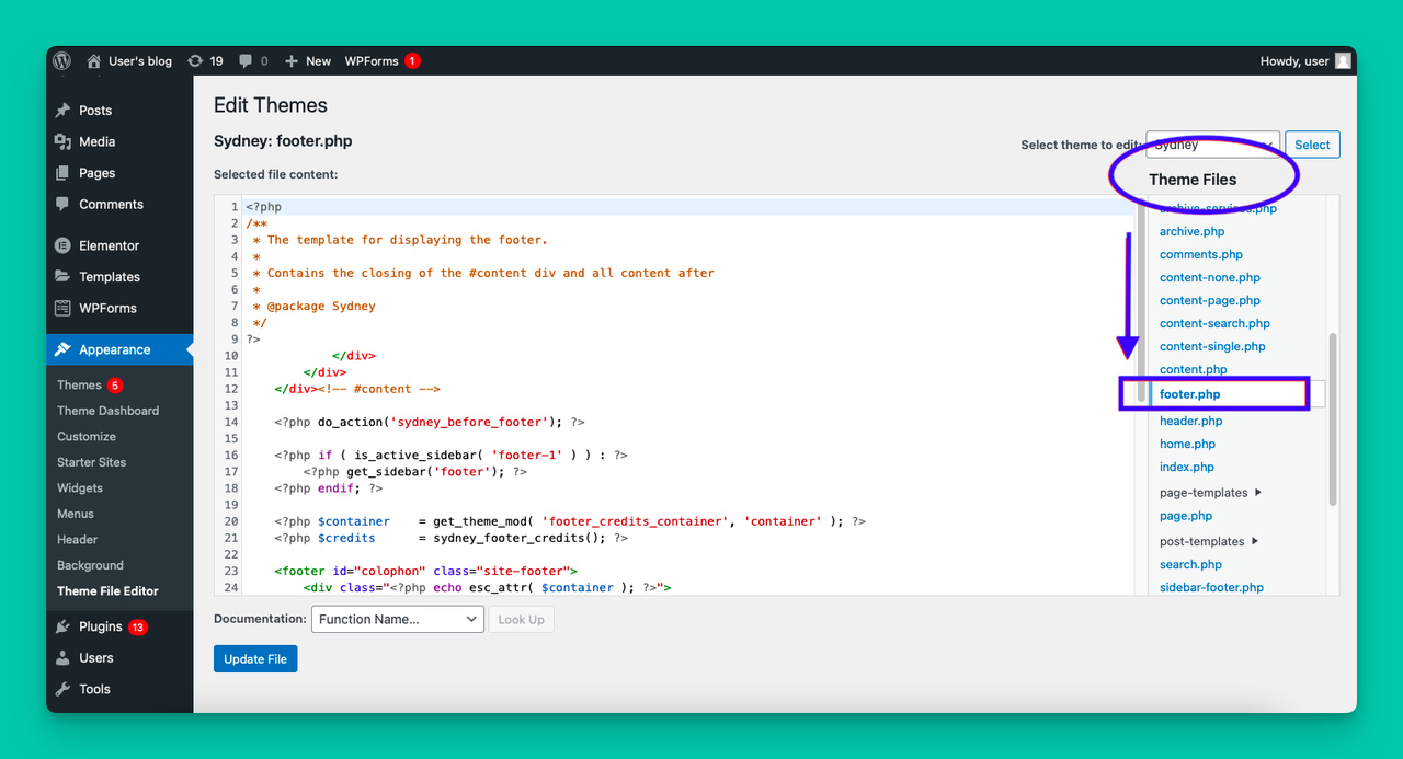 the footer file under the Theme files of WordPress website