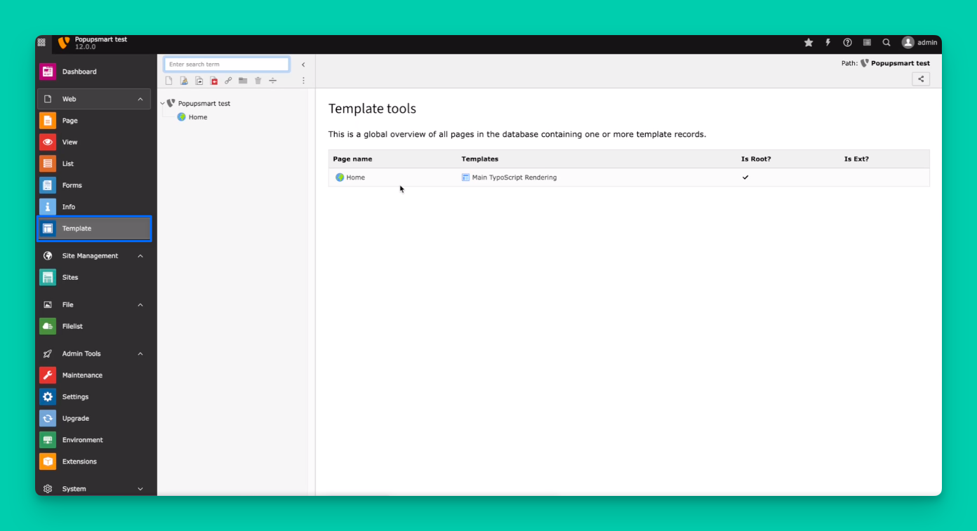 the Template area on TYPO3 admin
