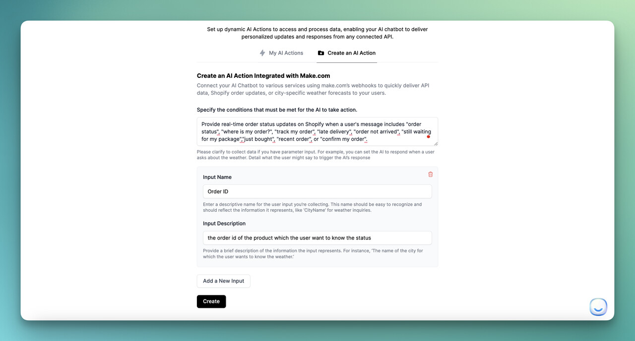 input details on LiveChatAI AI actions