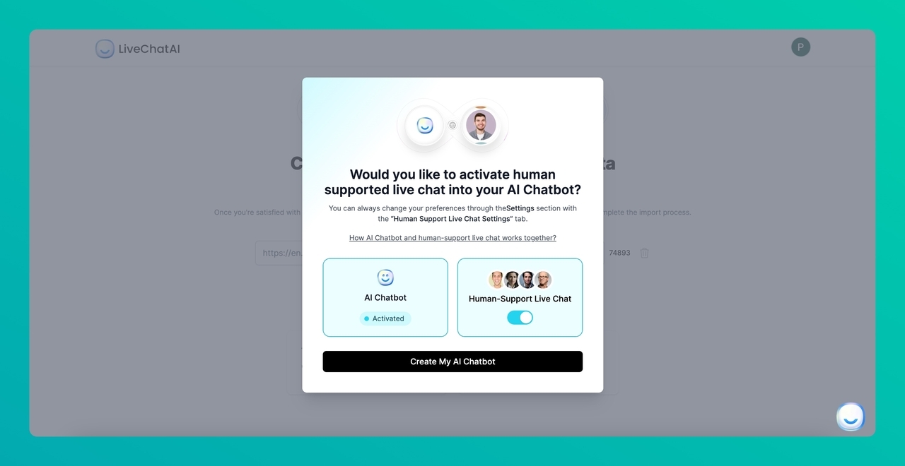 the modal for human live agent on LiveChatAI dashboard