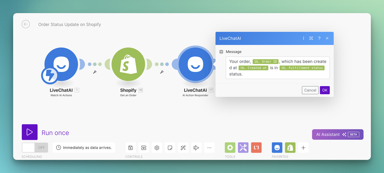 the third module of a scenario as LiveChatAI with a message