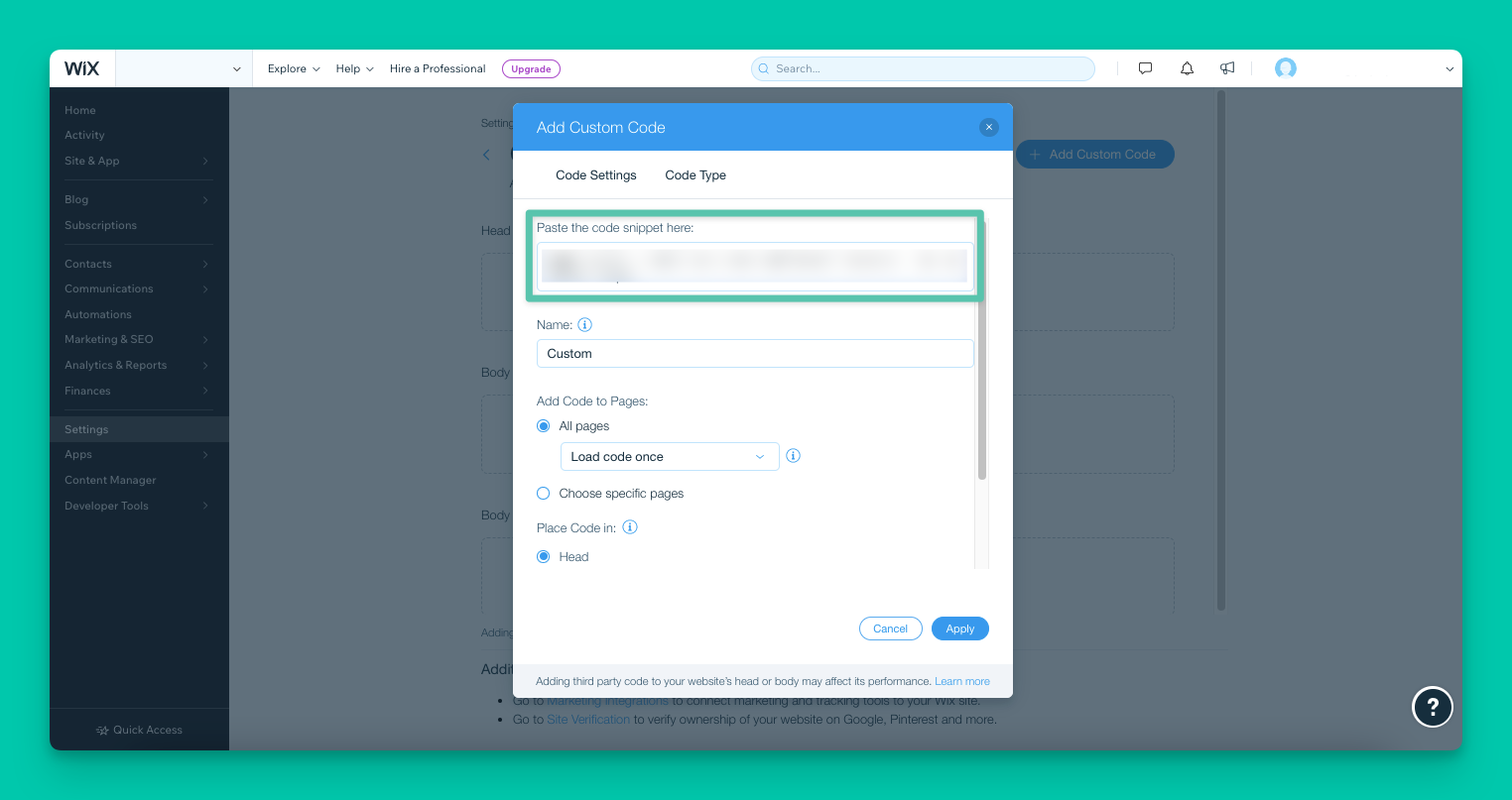 adding custom code on the modal of Wix