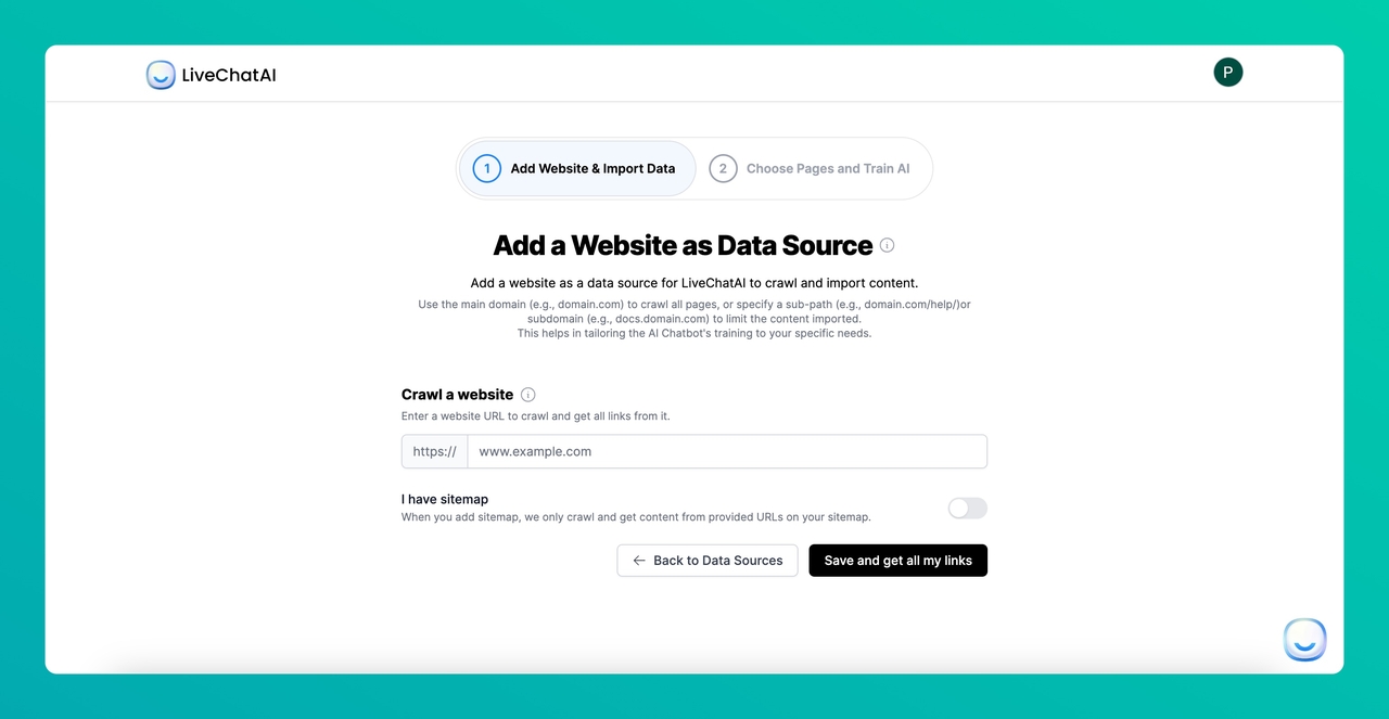 adding website as data source on LiveChatAI