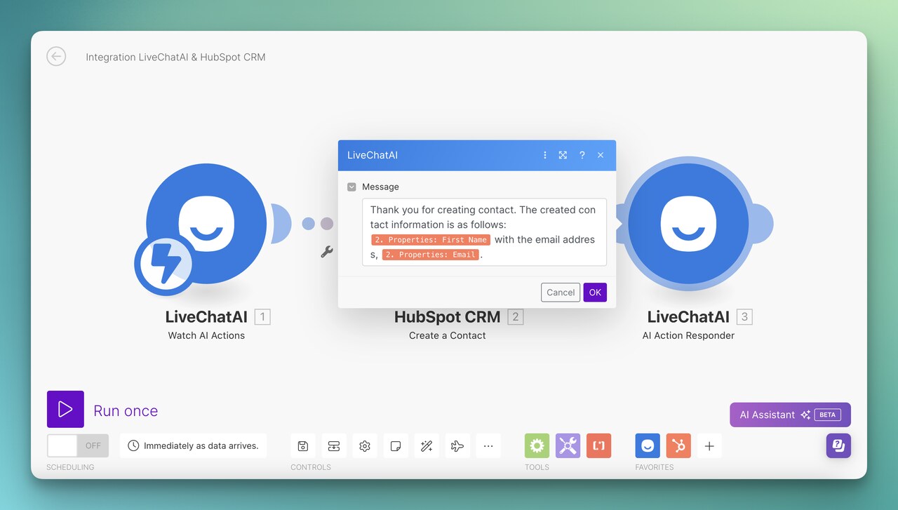HubSpot CRM's AI action responder module of LiveChatAI on Make.com