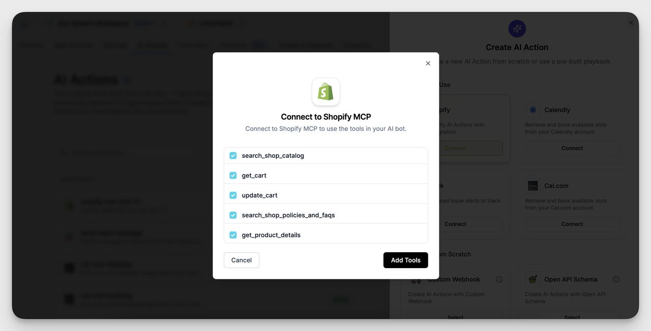 Popup window to connect Shopify MCP in LiveChatAI, with options to enable tools like search shop catalog, get cart, update cart, and product details.