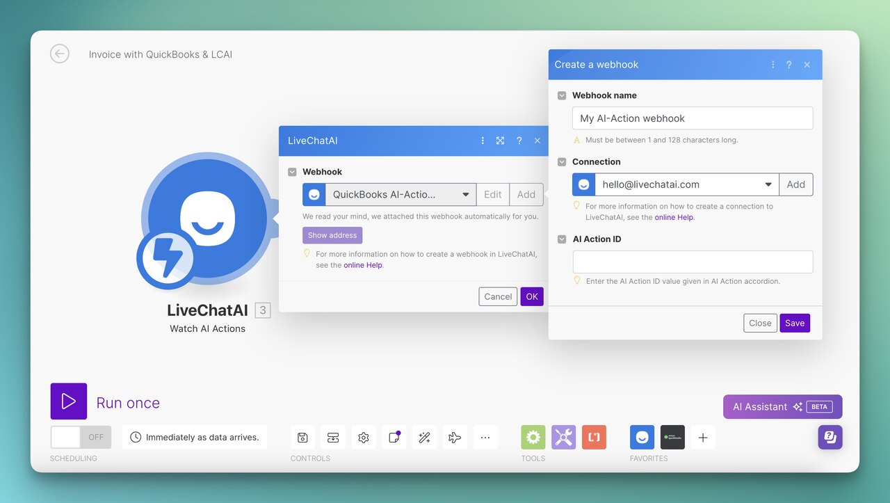 the first LiveChatAI module for QuickBooks and LiveChatAI integration
