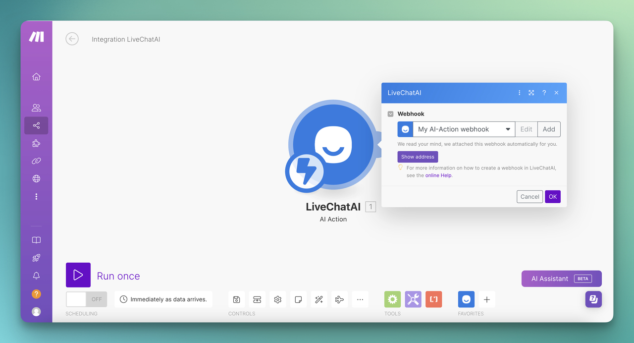 the LiveChatAI module on Make.com