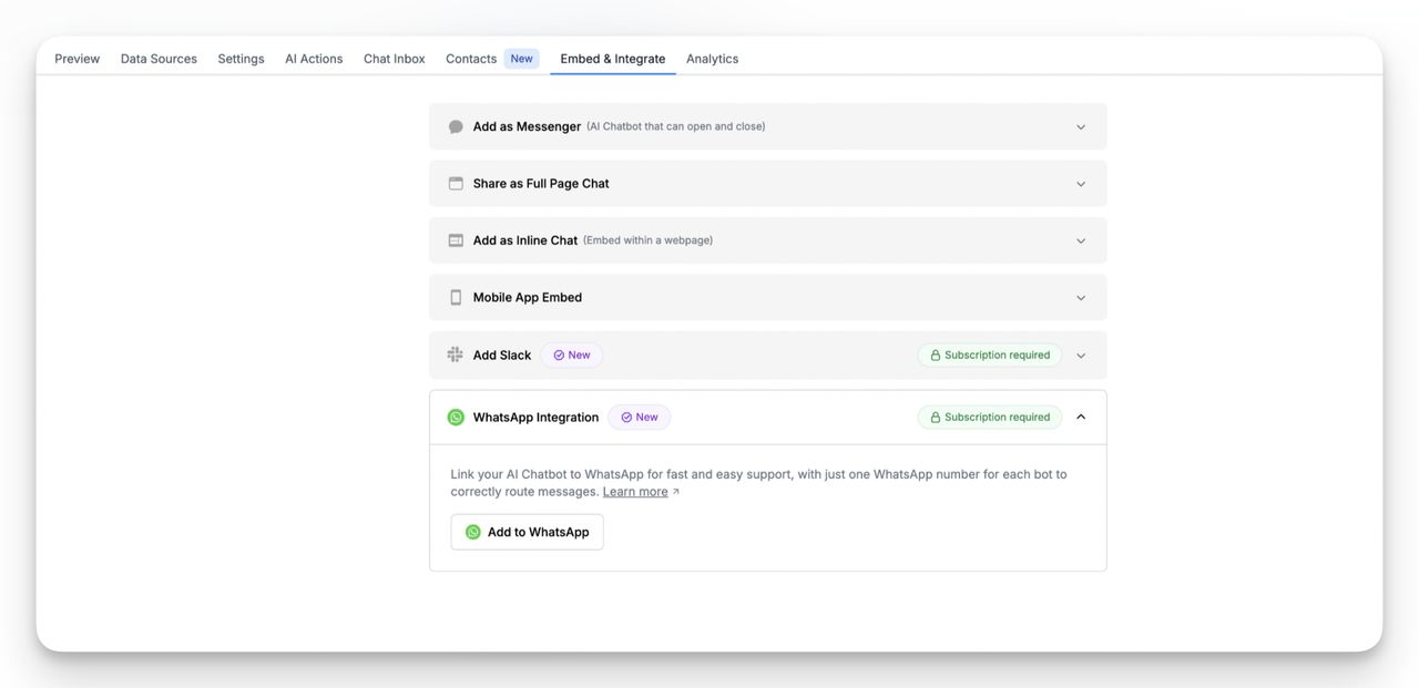 LiveChatAI dashboard Embed & Integrate tab showing multiple chatbot integration options including Messenger, Slack, and WhatsApp Business integration.