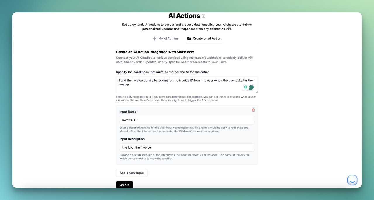 adding inputs for QuickBooks and LiveChatAI integration