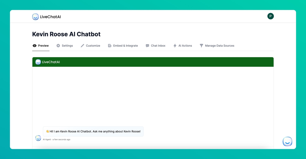 the preview section on the LiveChatAI dashboard
